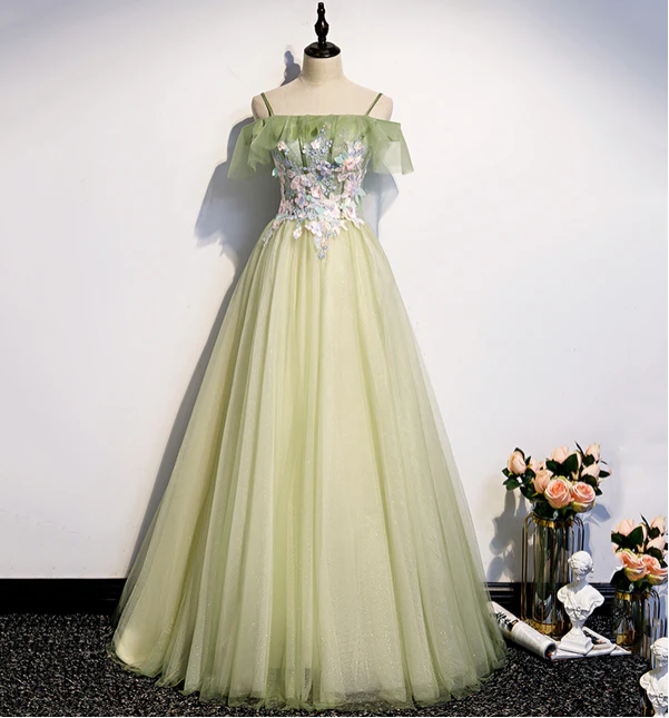 Light Green Pleated Floral Embroidery Long Prom Dress Medieval Renaissance Gown cc23