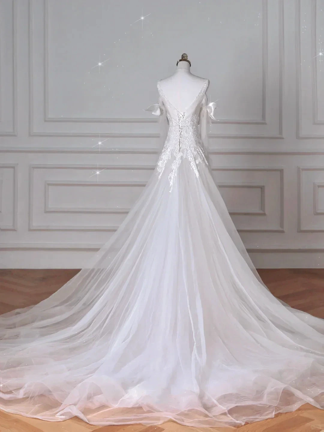 Fairy White V Neck Tulle Lace Appliques Mermaid Evening Dress,Long Wedding Dress (ZD13761)