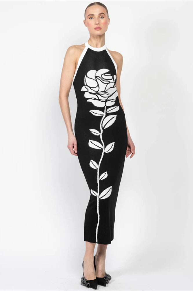 Nina Boutique Halterneck Floral Knit Midi Dress with Open Back Designer Edit