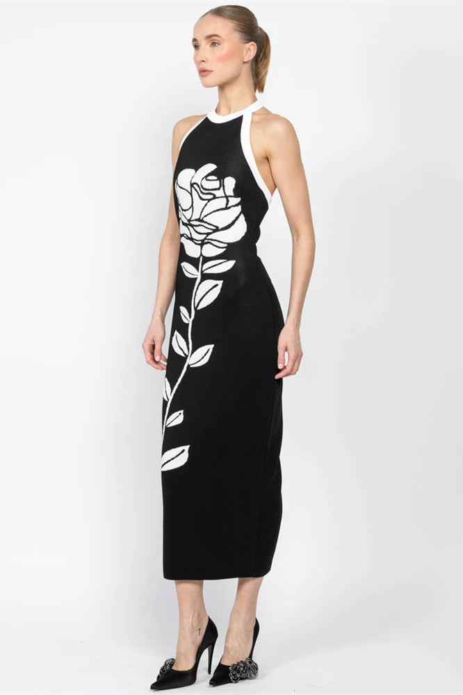 Nina Boutique Halterneck Floral Knit Midi Dress with Open Back Designer Edit