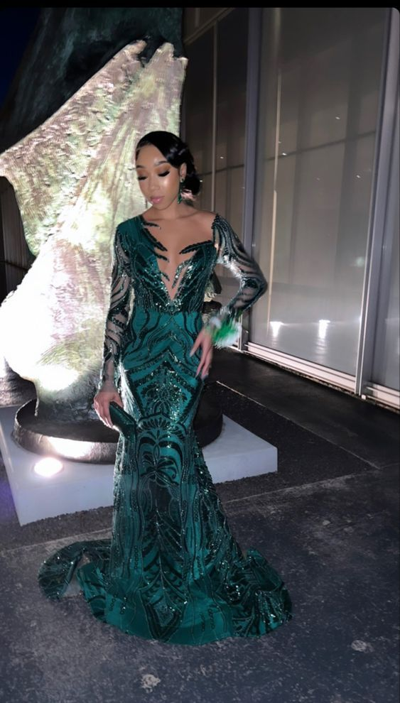Dark Green Long Sleeves Mermaid Prom Dress - View 2 | VelvetHem