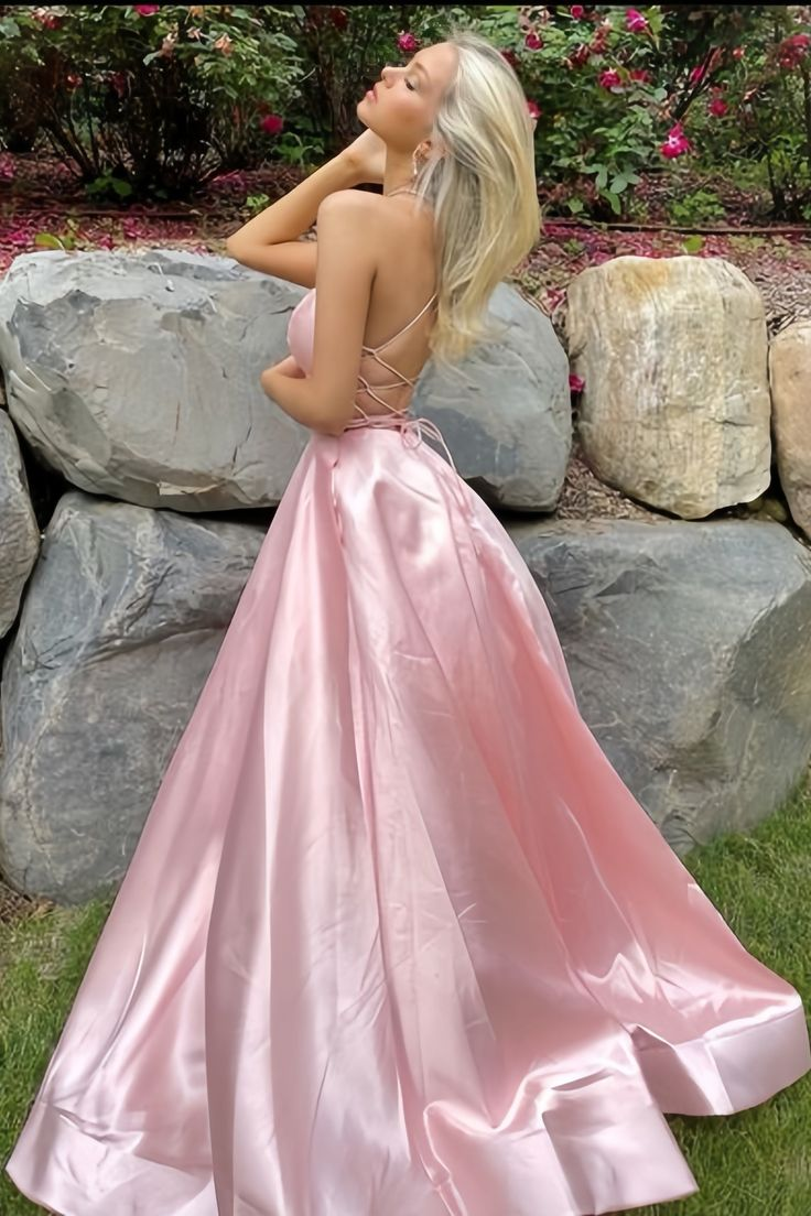 Simple Pink A-Line Satin Party Dress Side Slit Prom Dress Evening Dress Y8563