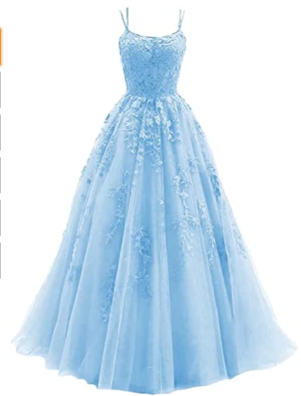 Silver spaghetti strap prom dress, long tulle lace appliqu�d women's party dress - View 5 | VelvetHem