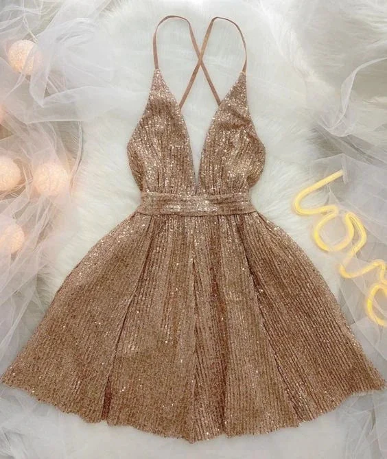 Sexy Deep V Neck Sequins Homecoming Dress Birthday Party Dress (ZD11743)