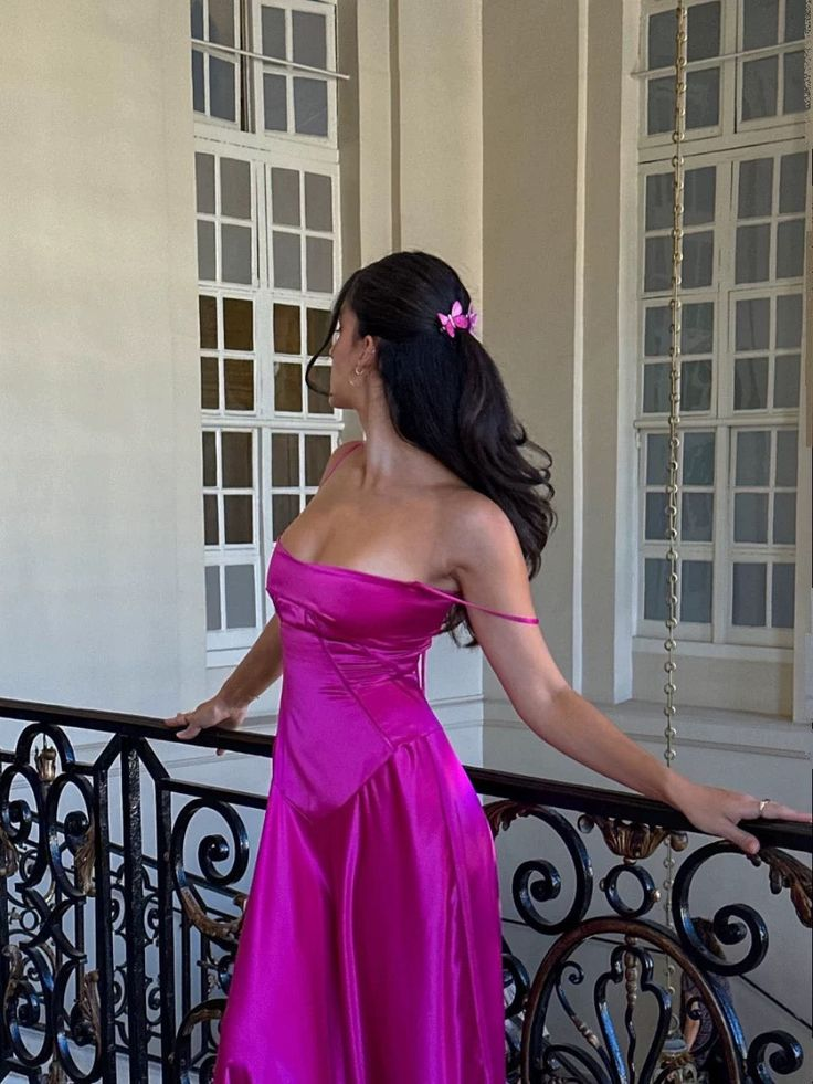Charming Hot Pink Straps Satin A Line Long Evening Dress Party Dress