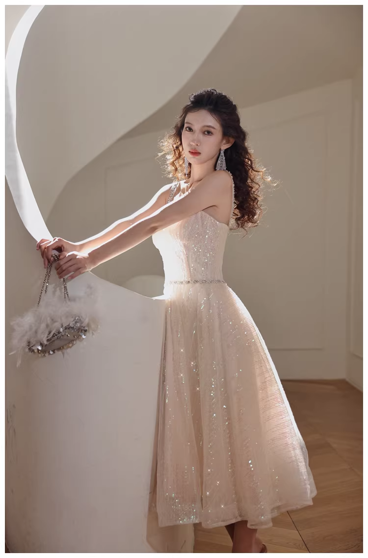 Elegant Light Champagne Tulle Sequin Beaded A Line Mid Length Birthday Prom Dress Evening Gown - View 7 | VelvetHem