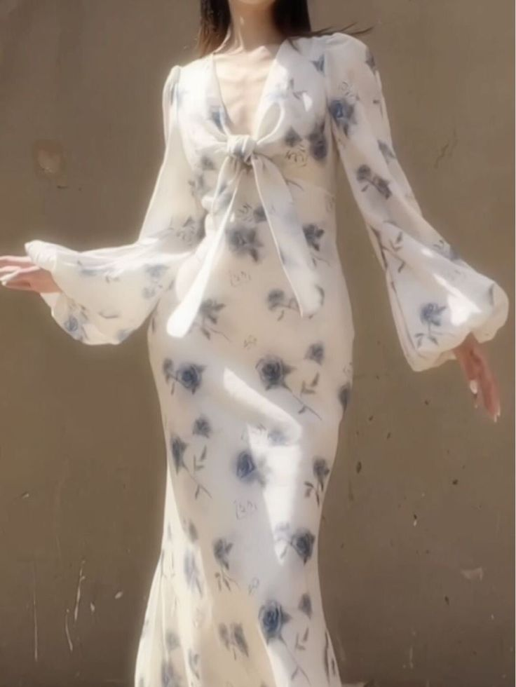 Elegant Ice Blue Rose Chiffon Print Floral Prom Dress Long Mermaid Evening Dress Y8407 - VelvetHem