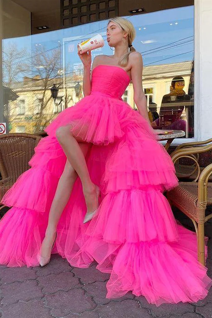 Strapless High Low Layered Hot Pink Tulle Long Prom Dress, High Low Hot Pink Formal Dress, Hot Pink Evening Dress Y214 - VelvetHem
