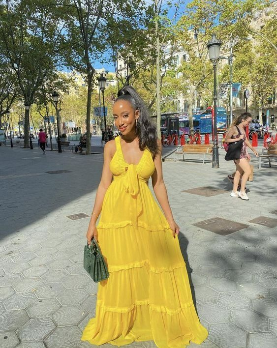 Sexy Straps Yellow Long Chiffon Prom Dress A Line Party Gown