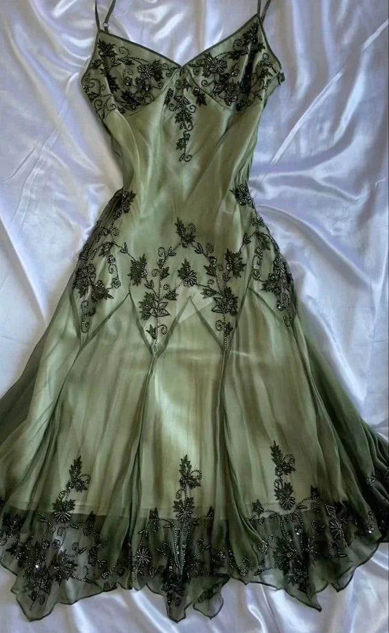 Vintage Green Straps Beaded A Line Prom Dress Party Evening Dress - VelvetHem