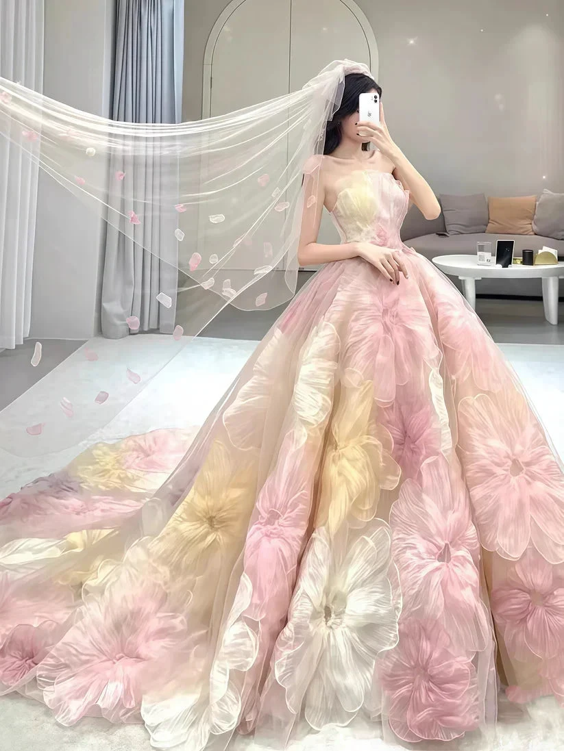 Dream Princess Floral Ball Gown, Strapless A-line Evening Prom Dress,Wedding Dress (ZD13743)