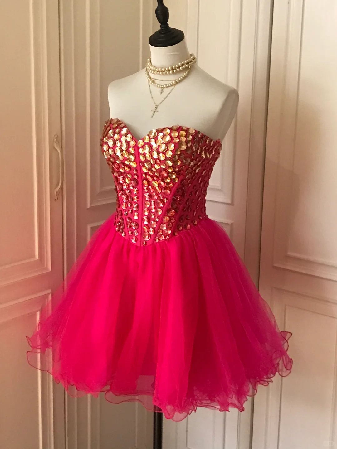 Gorgeous Strapless Red Chiffon Beaded A Line Birthday Outfits Homecoming Dress - View 3 | VelvetHem