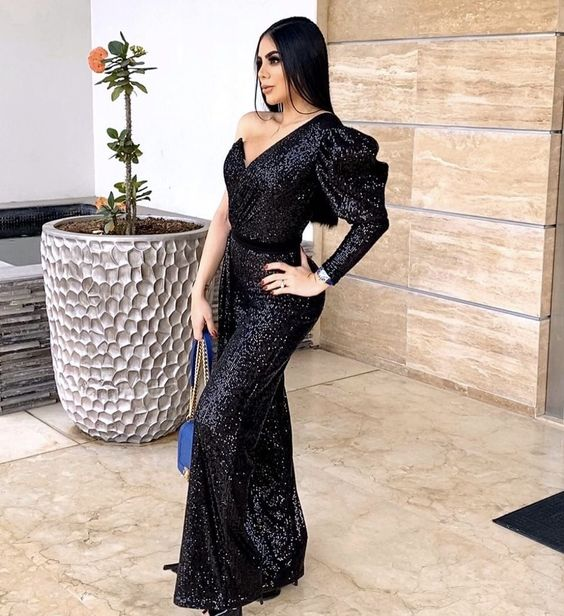 Black Sequins One Sleeve Mermaid Prom Dress Black Evening Dress Y5880 - VelvetHem