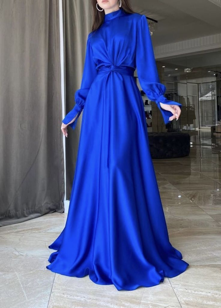 Royal Blue A-line Long Sleeves Prom Dress Royal Blue Evening Dress Y5857 - VelvetHem