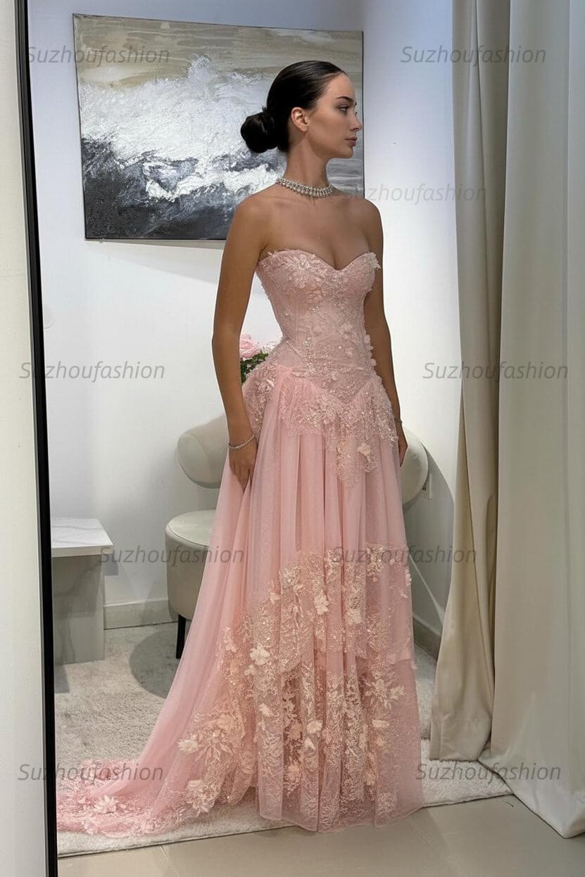 Strapless Sleeveless Long Evening Formal Dress With Pleated Appliques
