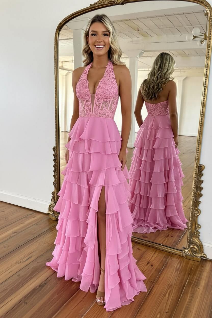 Sky Blue Prom Dress Ruffled Halter Corset Formal Dress With Slit