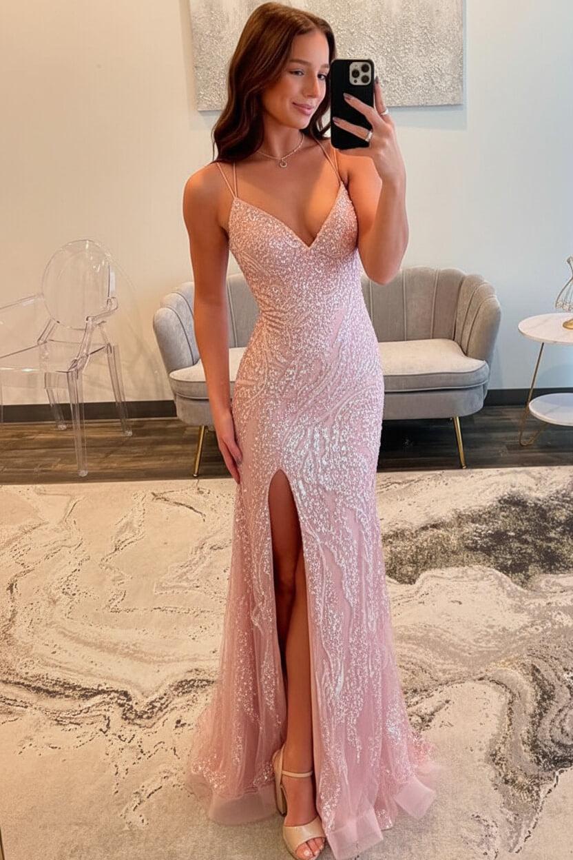 Suzhoufashion Silver Sequin Spaghetti Strap Mermaid Slit Prom Dress With Crisscross Lace-Up Back Formal Evening Gown