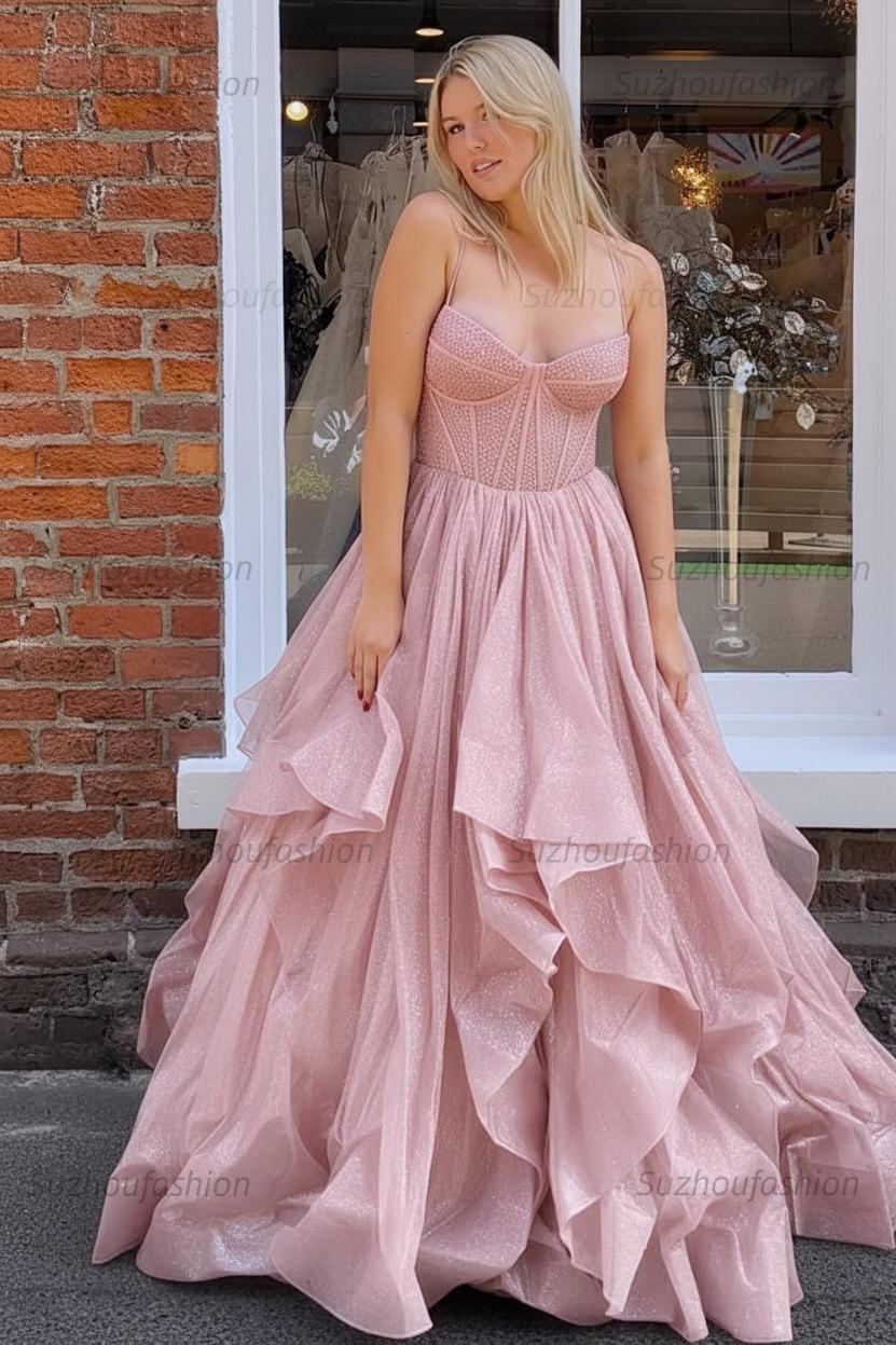 Dark Green A Line Long Corset Prom Dress With Ruffles