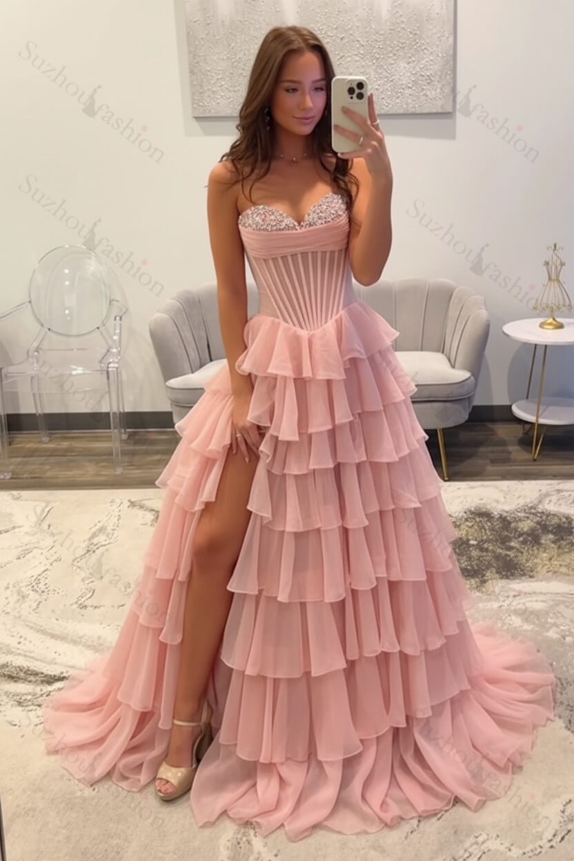 Ruffled Black Prom Dress A Line Corset Long Formal Dress With Beadings