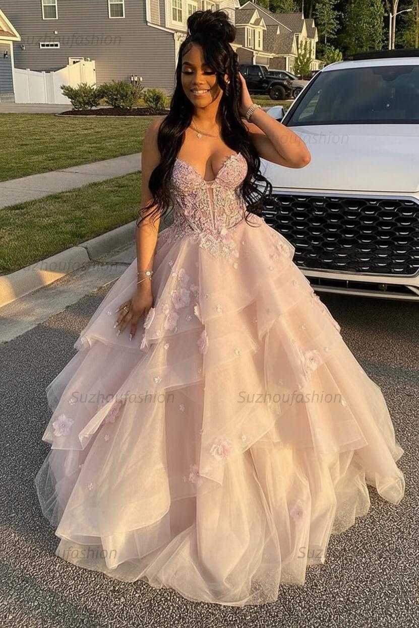 Sage Prom Dress Floral Tiered Ruffles A-Line Sweetheart Corset Long Formal Dress