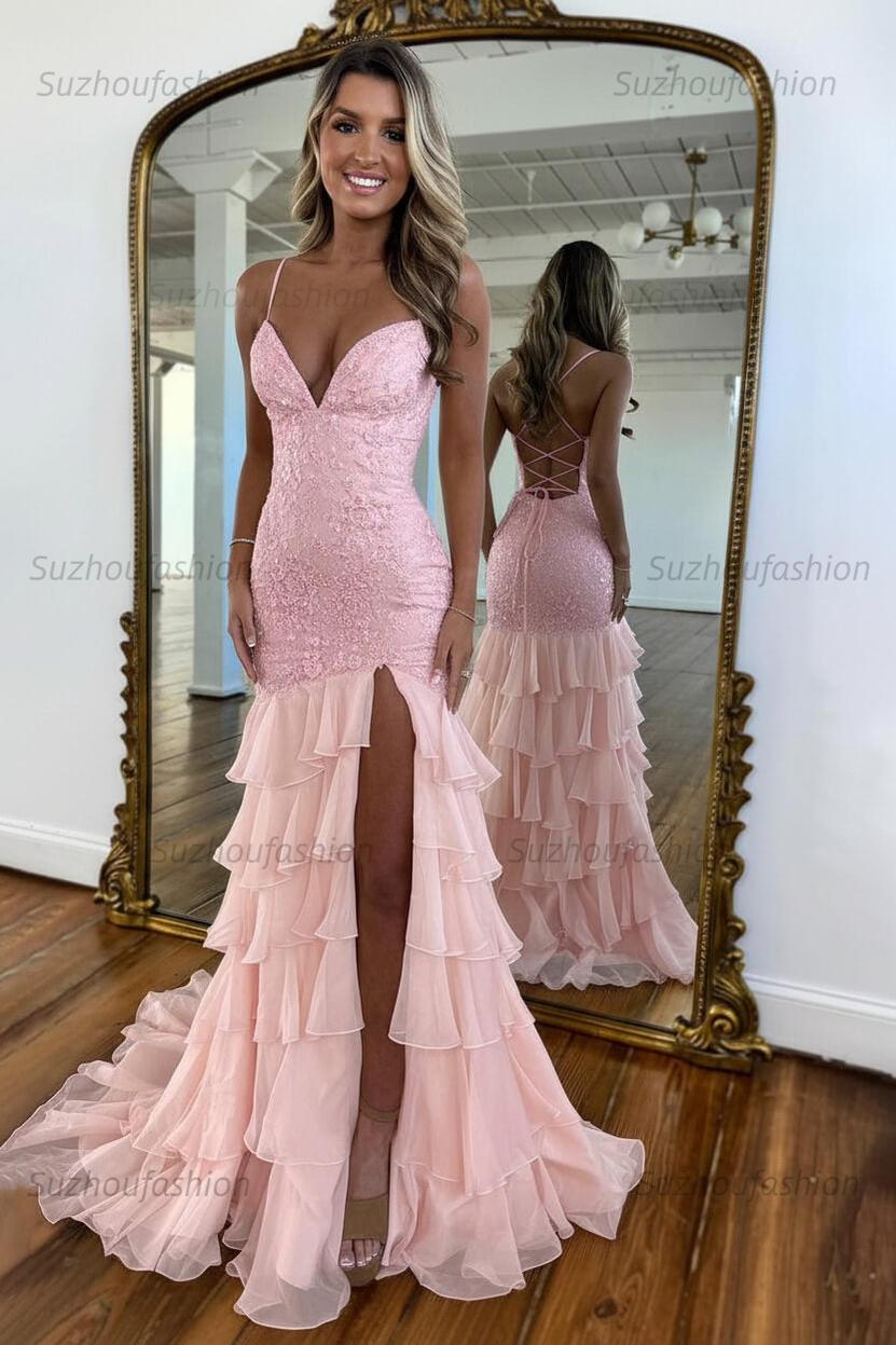 Suzhoufashion Mermaid Spaghetti Straps Lace Up Long Prom Dress With Ruffle Skirt Formal Evening Gown