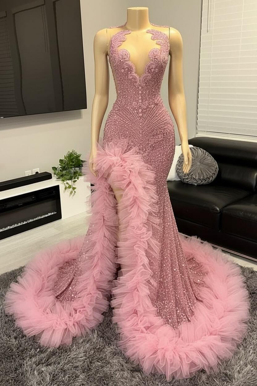 V-neck Prom Dress Orange Beaded Tulle Ruffles Sequin Formal Evening Party Dress