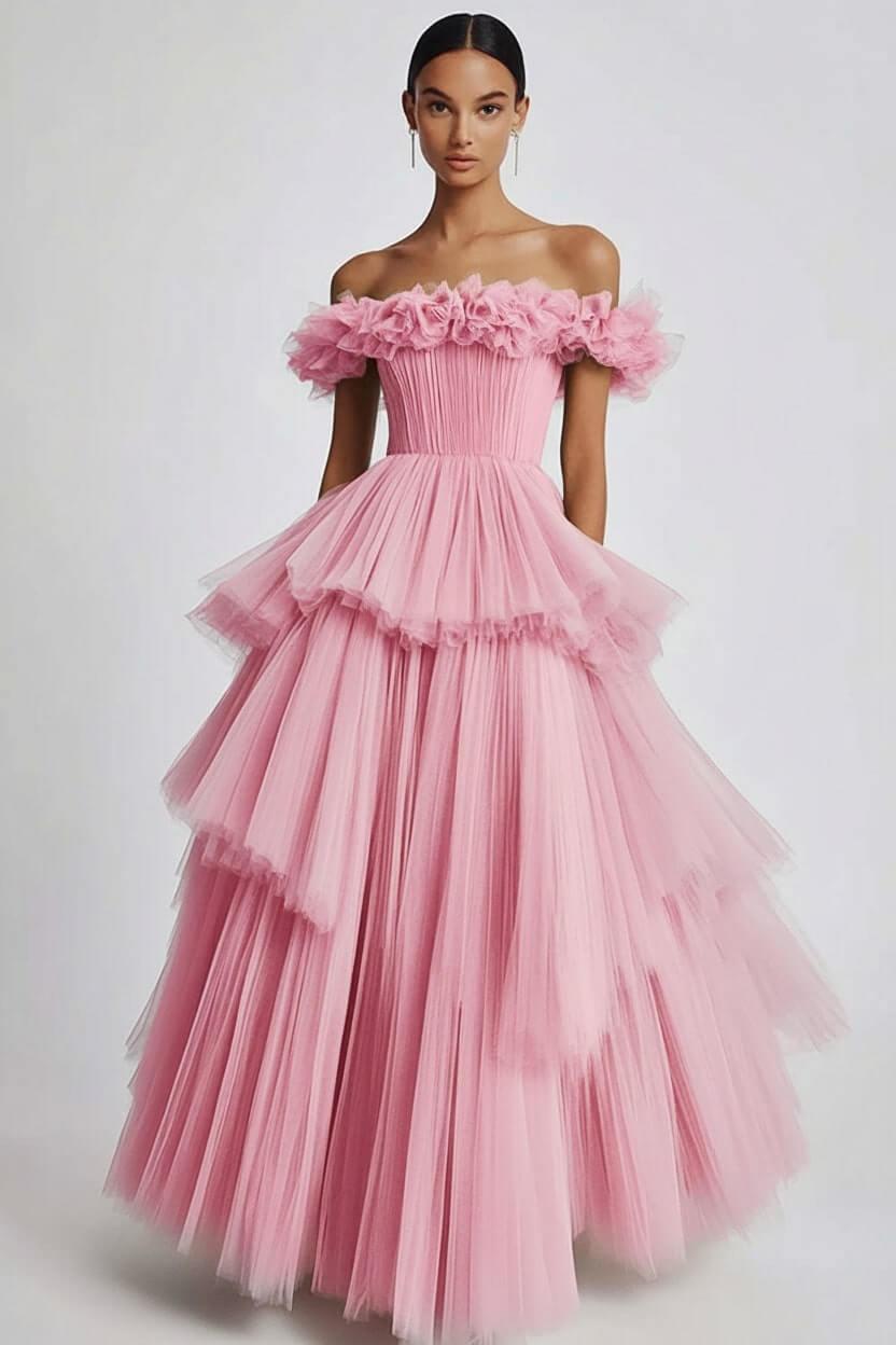 Dusty Sage Prom Dress Tulle Off The Shoulder Ball Gown Formal Dress With Ruffles