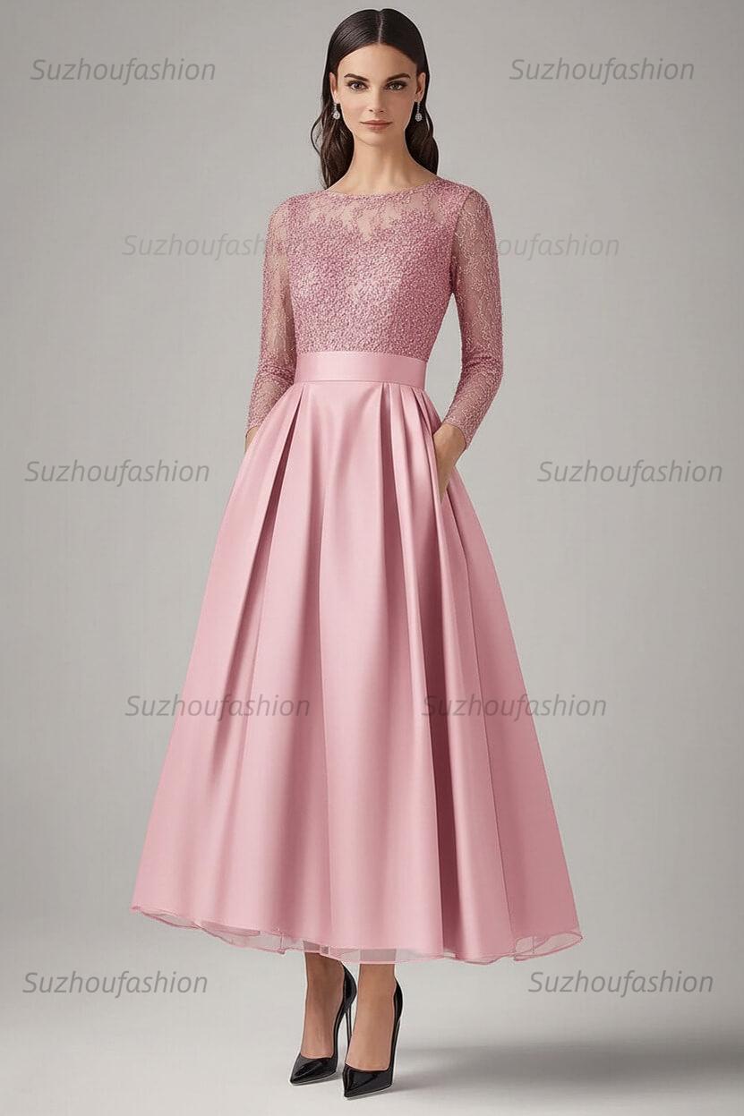 Navy Wedding Guest Dress Beaded A Line Long Sleeves Formal Dress With Lace