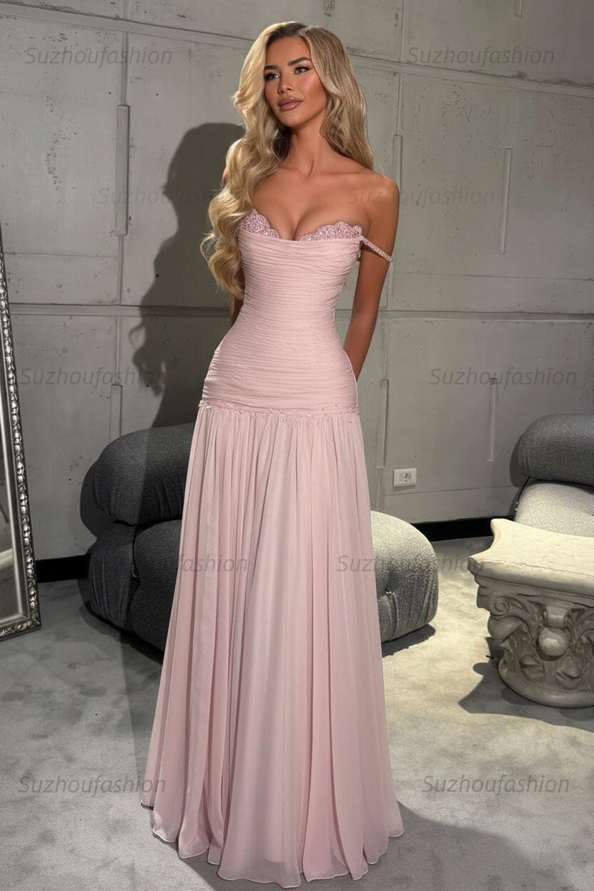 Off The Shoulder Prom Dress Sleeveless Pleated A Line Formal Evening Gown