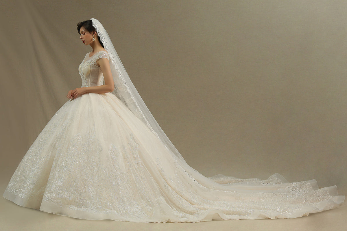 Cap Sleeve Aline Cathedral wedding dress Tulle Lace Appliques Garden Bridal Gown