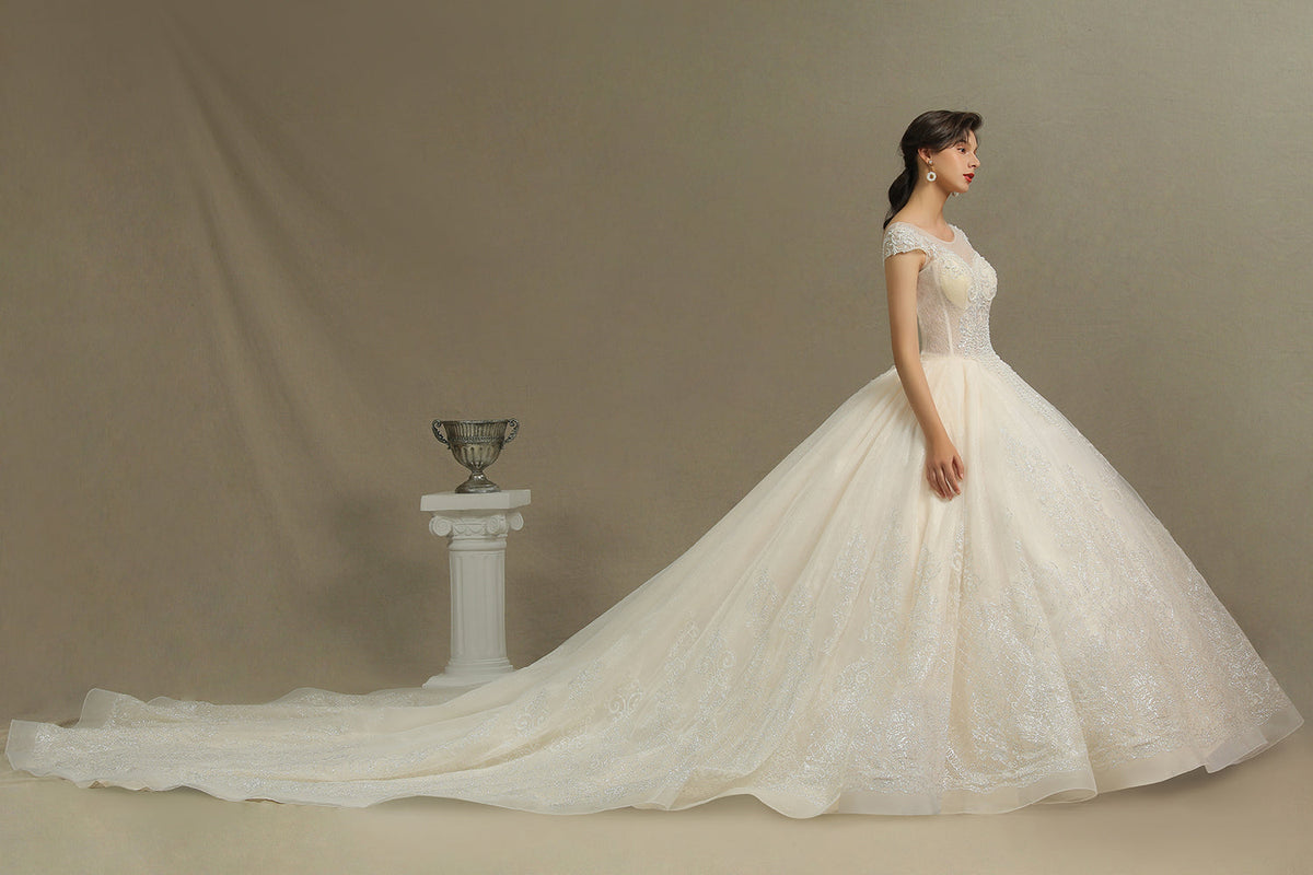 Cap Sleeve Aline Cathedral wedding dress Tulle Lace Appliques Garden Bridal Gown