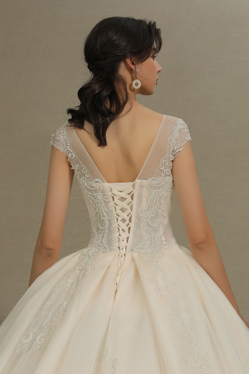 Cap Sleeve Aline Cathedral wedding dress Tulle Lace Appliques Garden Bridal Gown