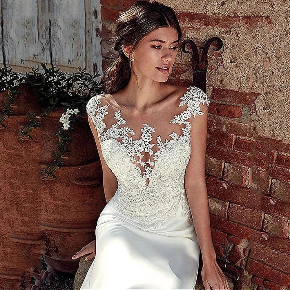 Cap Sleeve Appliques Lace Sheath Wedding Dress  Illusion Bohemian Bridal Gowns Beach Satin Vestido De Novia (ZD13414)