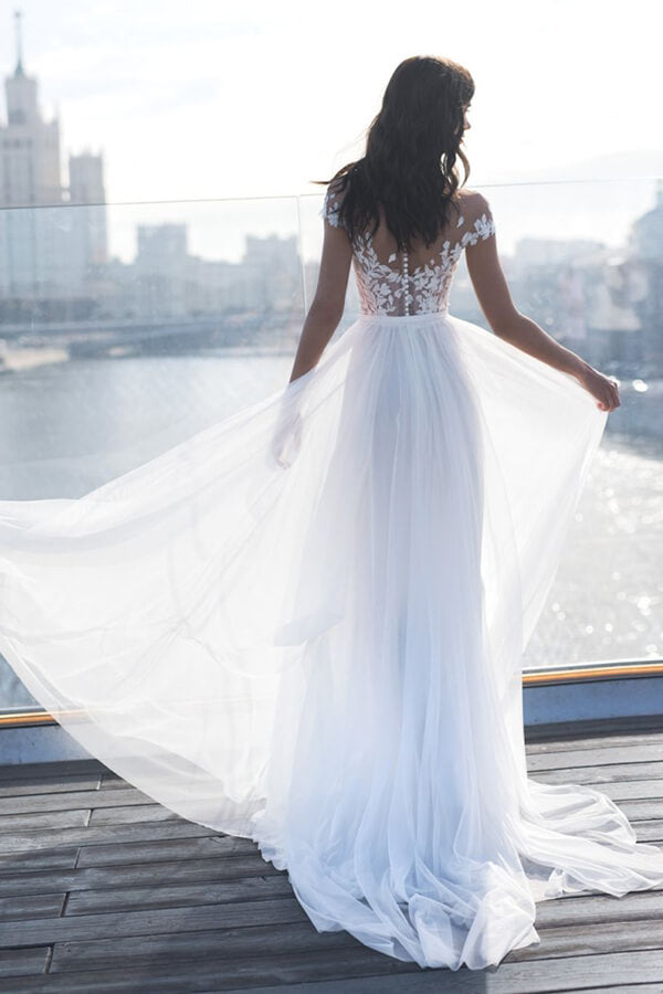 Cap Sleeves Appliques Beach Wedding Dress Long With Split