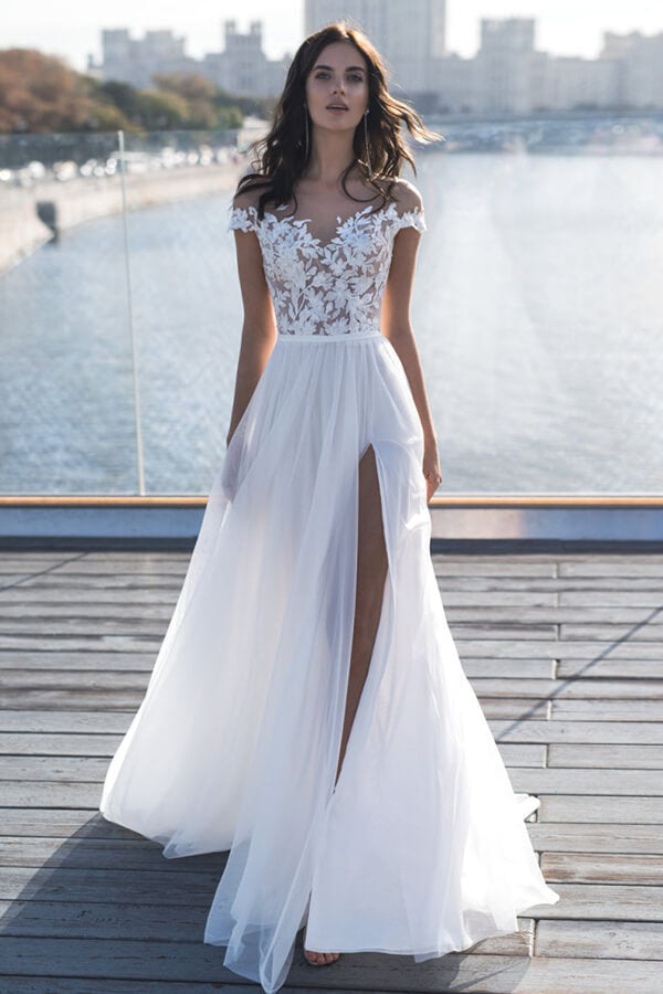 Cap Sleeves Appliques Beach Wedding Dress Long With Split
