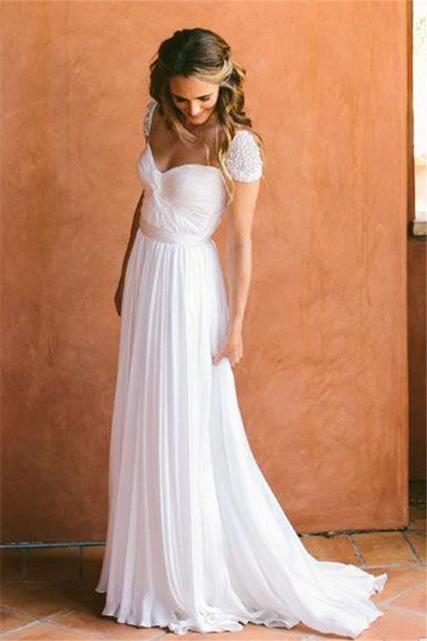 Cap Sleeves Chiffon Bohemia Beach Wedding Dresses for Summer Beach Bridal Gowns