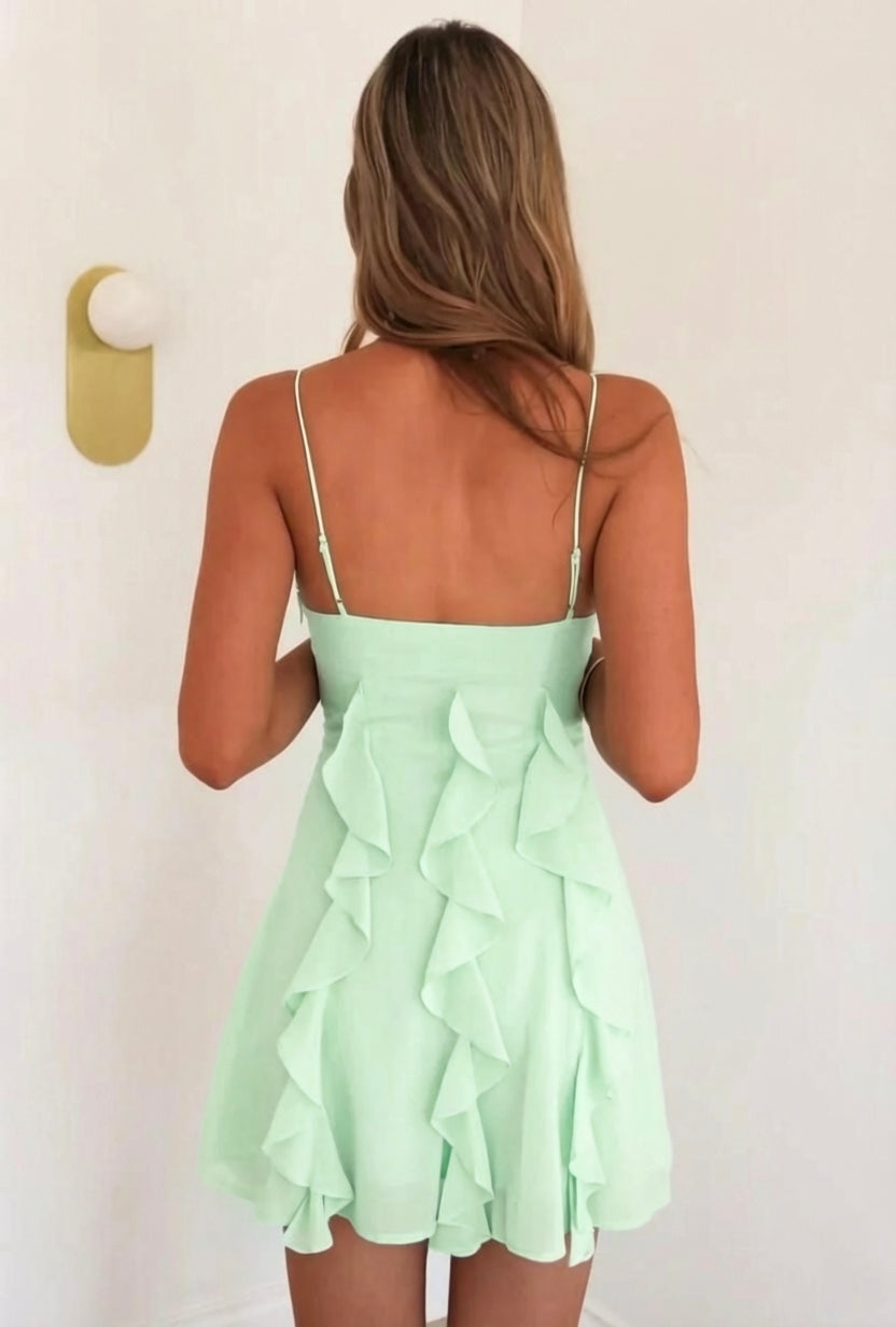 Chic A Line Spaghetti Straps Light Blue Short Homecoming Dress with Ruffles
