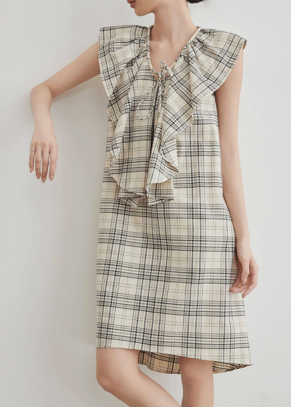 Casual Apricot Ruffled Plaid Cotton Mid Dresses Summer