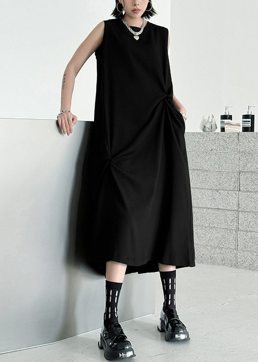 Casual Black O Neck Wrinkled Patchwork Cotton Long Dress Summer