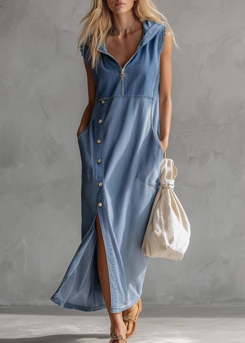Casual Blue Hooded Pockets Patchwork Denim Dresses Sleeveless