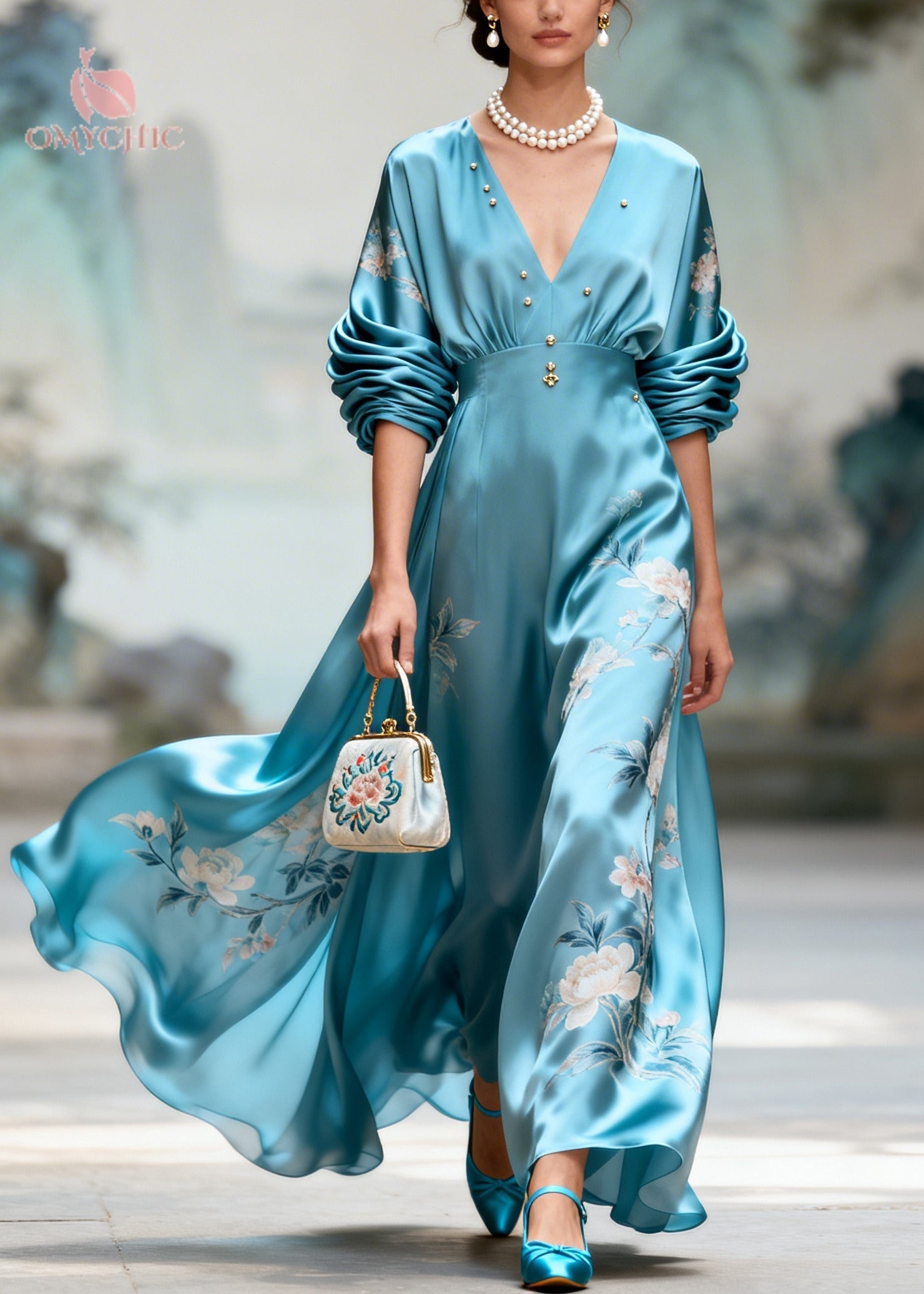 Casual Blue Print Exra Large Hem Nail Bead Silk Party Dresses Summer