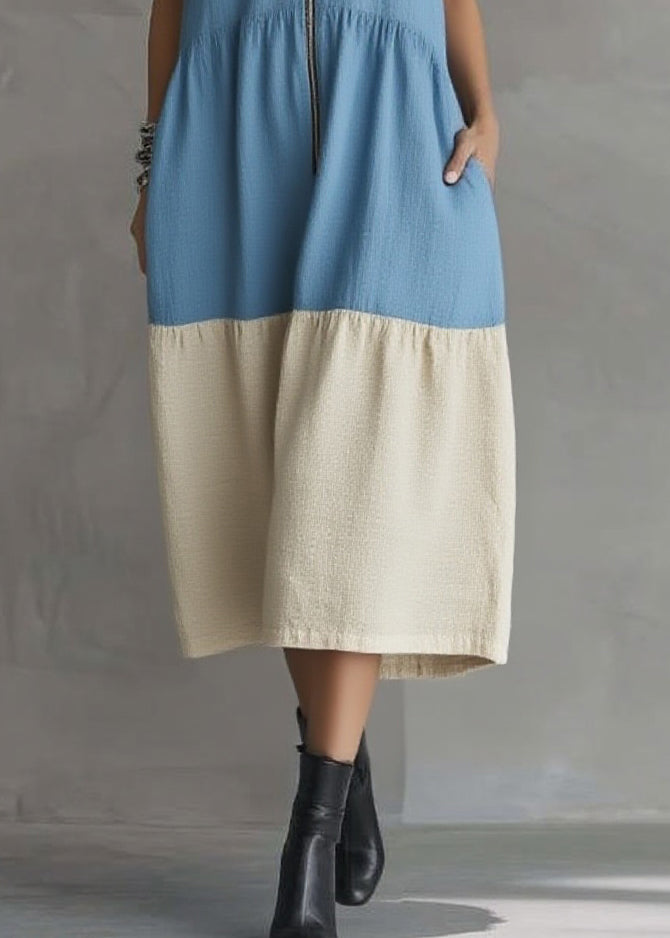 Casual Blue Vacation Maxi Dresses Zippered Patchwork Summer