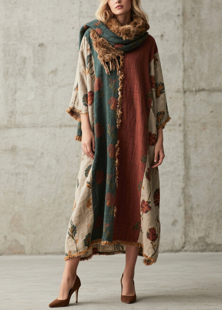 Casual Colorblock Oversized Patchwork Faux Fur Maxi Dresses Bracelet Sleeve