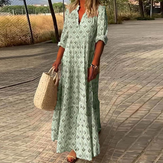 Fiora Effortless Casual Long Sleeve V Neck Dress Boutique Collection