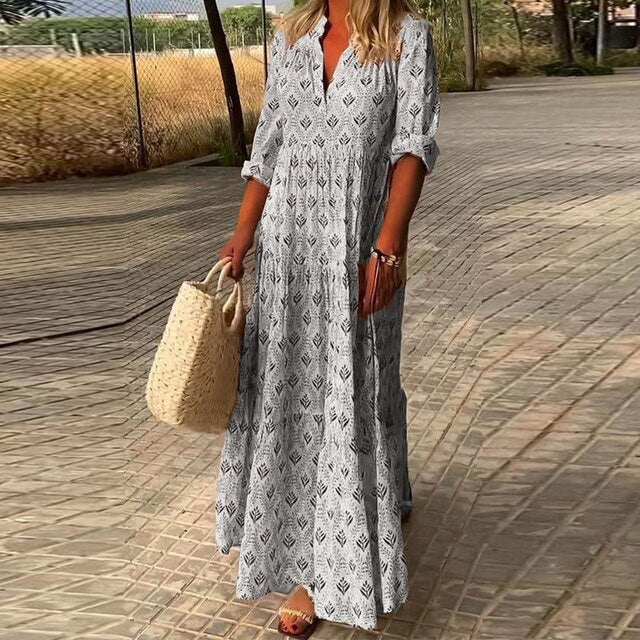 Fiora Effortless Casual Long Sleeve V Neck Dress Boutique Collection