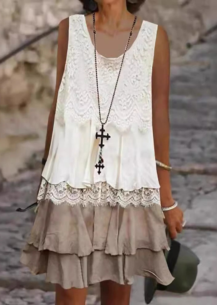 Casual O Neck Lace Patchwork Cotton Mid Dresses Sleeveless