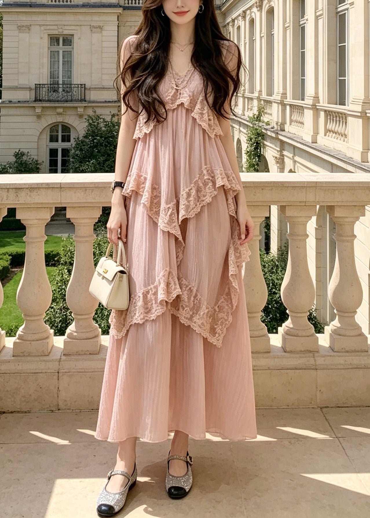 Casual Pink V Neck Lace Patchwork Maxi Spaghetti Strap Dresses Summer