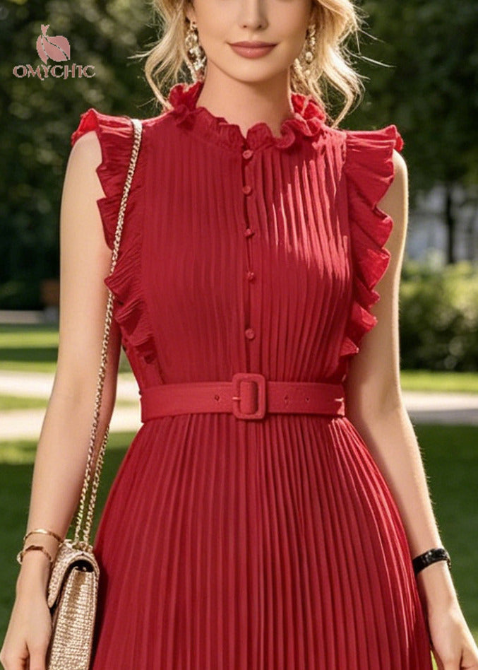 Casual Red Ruffled Wrinkled Chiffon Long Dress Sleeveless