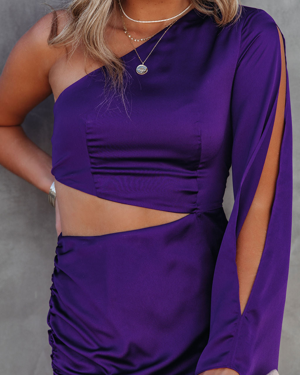 Caydan Satin One Shoulder Cutout Dress Plum FINAL
