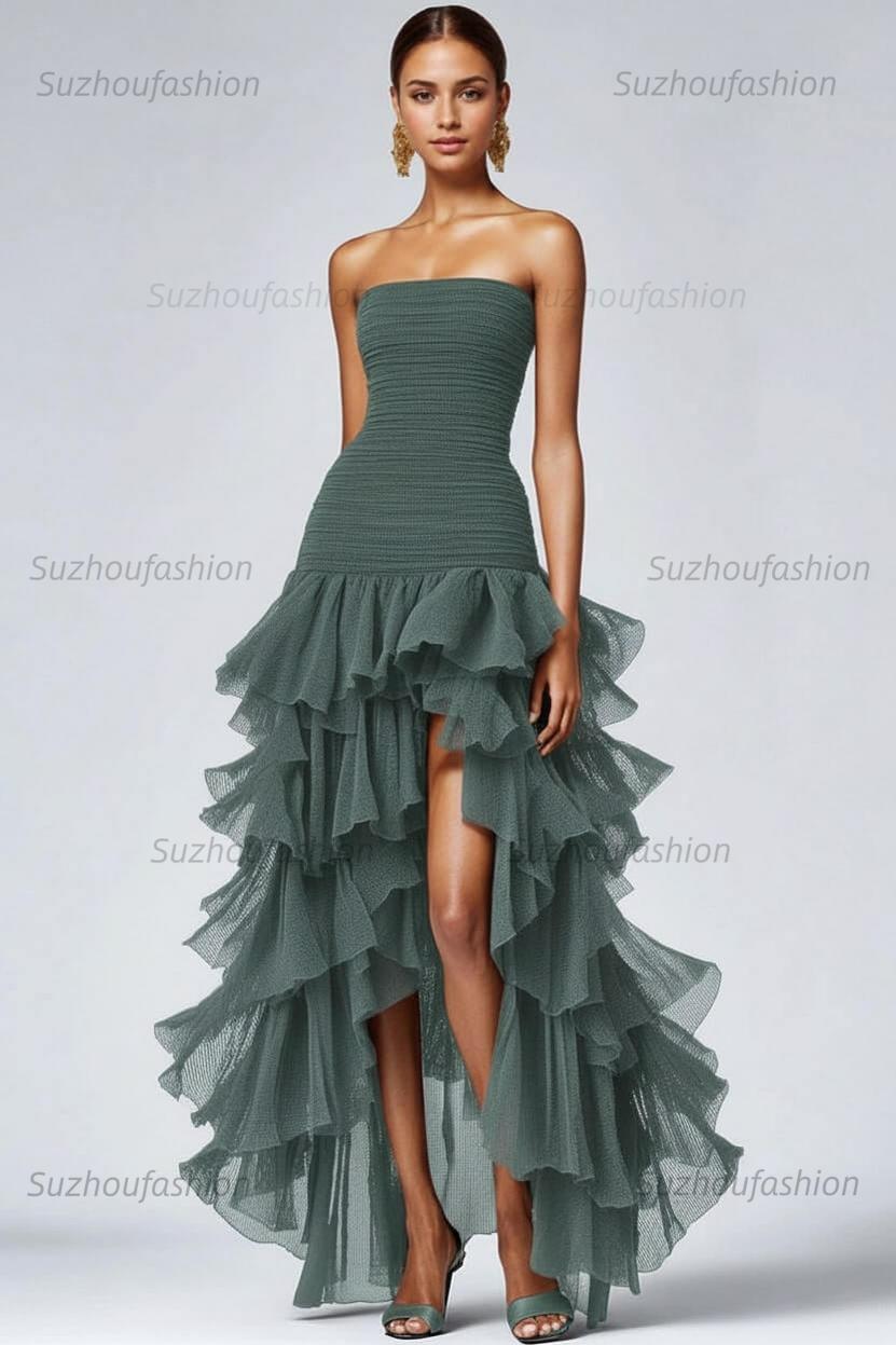 Black Wedding Guest Dress Strapless Tulle Long Ruffled Formal Dress With Slit